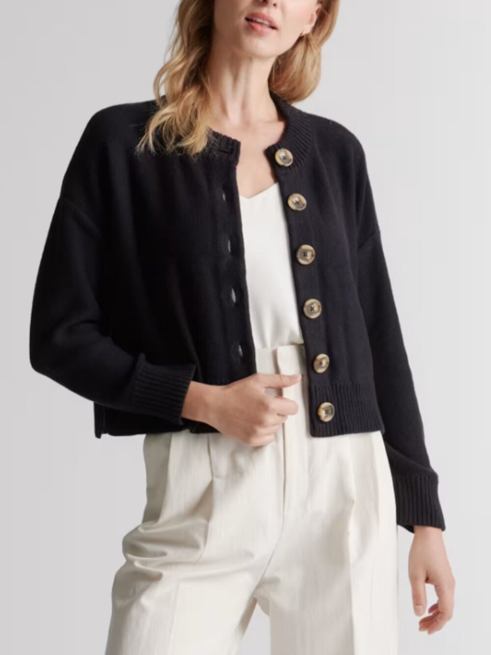Quince 100% Organic Cotton Cropped Cardigan Sweater Black Button Front Sz Small